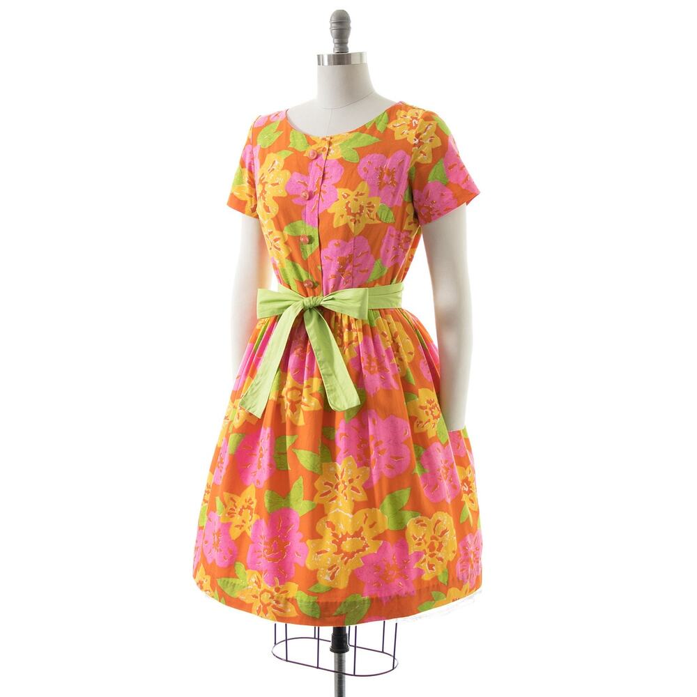 Vintage 1950s Dress 50s MODE O DAY Pink Floral Print Cotton Full Skirt Fit Flare - Picture 3 of 9